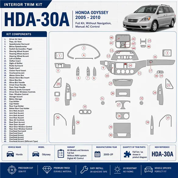 Honda Odyssey 2005-UP Full Set, Without NAVI system, Didital AC Control Interior Dashboard Trim Kit Dash Trim Dekor