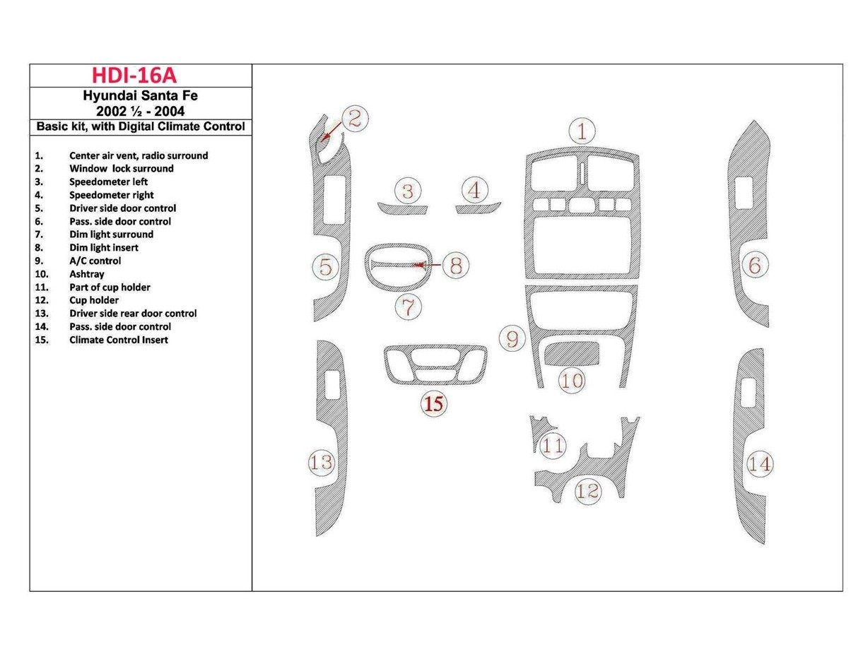 Hyundai Santa Fe 2002-2004 Basic Set, With Manual Gearbox Climate Control, 15 Parts set Decor de carlinga su interior