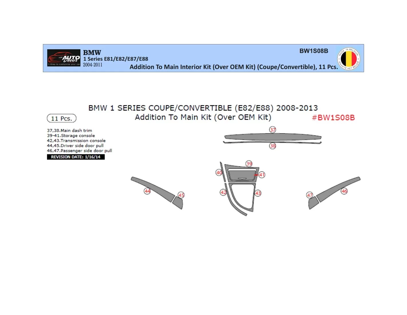 BMW Serie 1 E81 E88 2004-2011 3D interno cruscotto Trim Kit Dash Trim Dekor 11-Parts