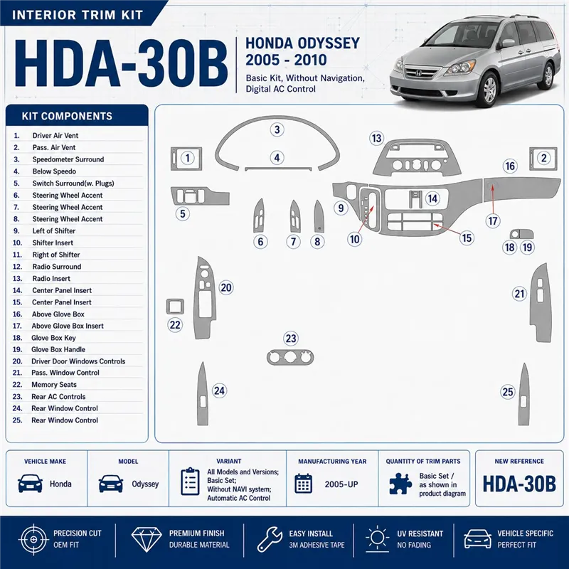 Honda Odyssey 2005-UP Basic Set, Without NAVI system, Automatic AC Control Interior Dashboard Trim Kit Dash Trim Dekor