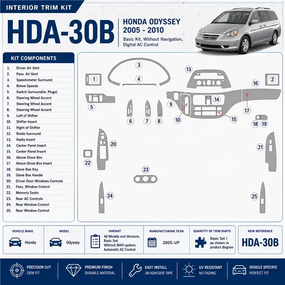 Honda Odyssey 2005-Actualidad juego básico, sin navegador system, Automatic AC Control kit de molduras interiores para salpicade