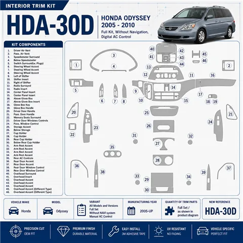 Honda Odyssey 2005-heden Full Set, Without NAVI system, Manual AC Control interieur dashboard decoratieset dashboard decor