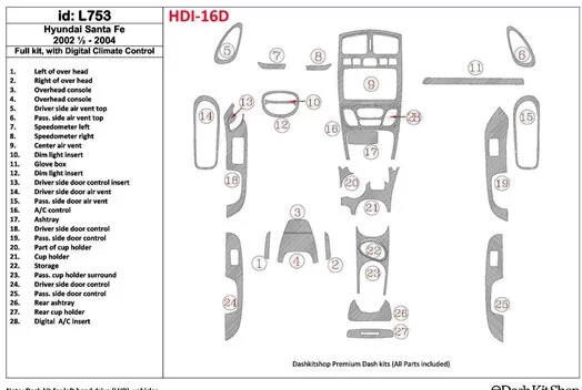 Hyundai Santa Fe 2002-2004 Full Set, With Automatic Climate Control, 29 Parts set Interior BD Dash Trim Kit