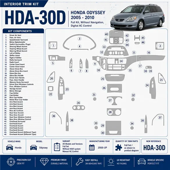 Honda Odyssey 2005-Actualidad juego completo, sin navegador system, Manual AC Control kit de molduras interiores para salpicader