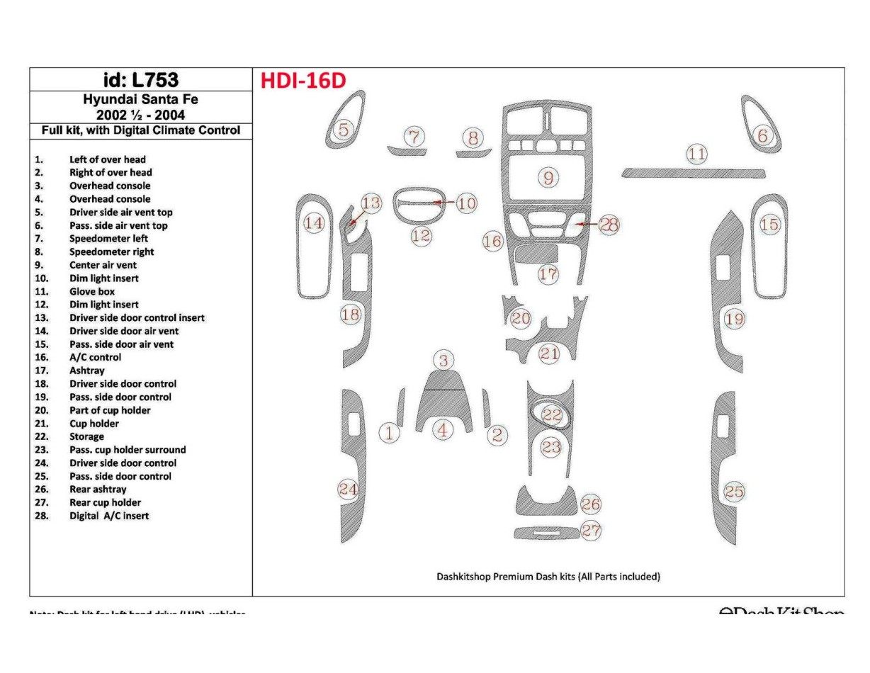 Hyundai Santa Fe 2002-2004 Voll Satz, With Automatic Climate Control, 29 Parts set BD innenausstattung armaturendekor cockpit de