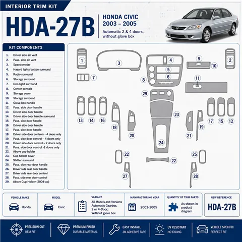 Honda Civic 2003-2005 Automatic Gear, 2 or 4 Doors, Without glowe-box Interior Dashboard Trim Kit Dash Trim Dekor
