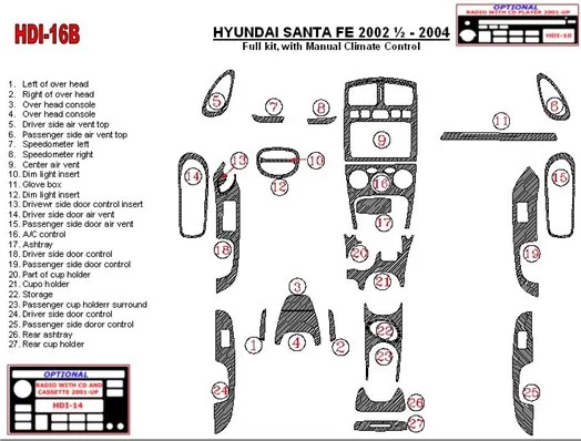 Hyundai Santa Fe 2002-2004 Ensemble Complet, Avec boîte manuellebox Climate Control, 28 Parts set BD Kit la décoration du tablea