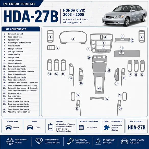 Honda Civic 2003-2005 Automatic Gear, 2 or 4 Doors, Without glowe-box Interior Dashboard Trim Kit Dash Trim Dekor