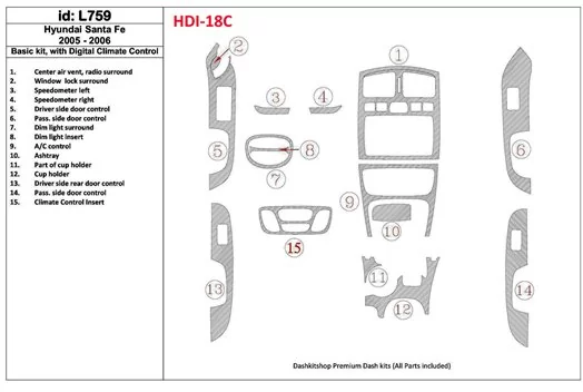 Hyundai Santa Fe 2005-2006 Basic Set, With Automatic Climate Control Interior BD Dash Trim Kit