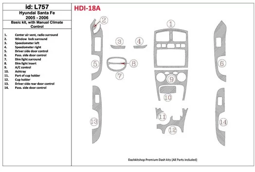 Hyundai Santa Fe 2005-2006 Basic Set, With Manual Gearbox Climate Control Interior BD Dash Trim Kit