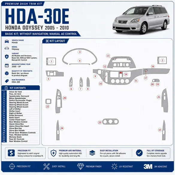 Honda Odyssey 2005-Actualidad juego básico, sin navegador system, Manual AC Control kit de molduras interiores para salpicadero