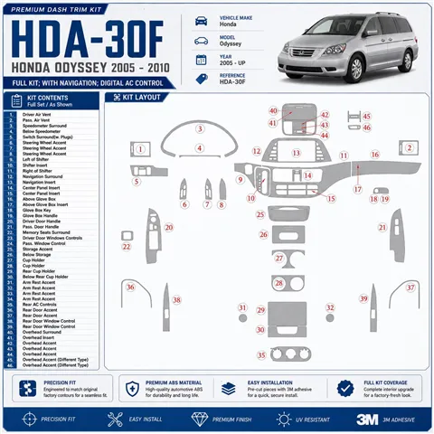Honda Odyssey 2005-UP Full Set, With NAVI system, Automatic AC Control Interior Dashboard Trim Kit Dash Trim Dekor
