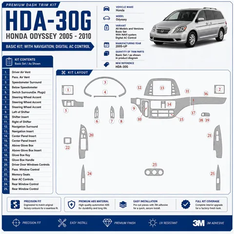 Honda Odyssey 2005-heden Basic Set, With NAVI system, Automatic AC Control interieur dashboard decoratieset dashboard decor