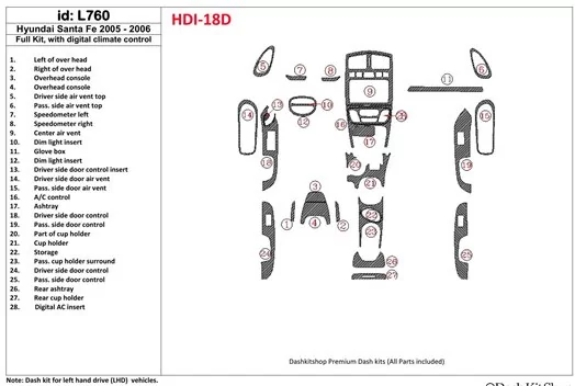 Hyundai Santa Fe 2005-2006 Full Set, with climate-control Interior BD Dash Trim Kit