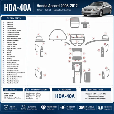 Honda Accord 2008-2012 Full Set, 4 Doors, Manual Gearbox AC Control Interior Dashboard Trim Kit Dash Trim Dekor