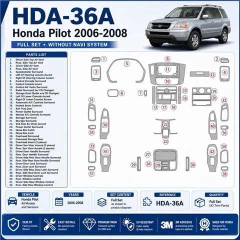 Honda Pilot 2006-2008 Full Set, Without NAVI system interieur dashboard decoratieset dashboard decor