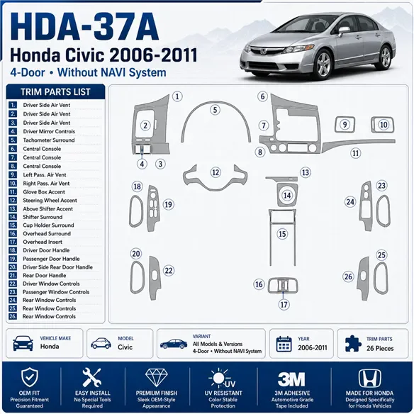 Honda Civic 2006-2011 4 Doors, Without NAVI system Interior Dashboard Trim Kit Dash Trim Dekor