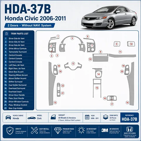 Honda Civic 2006-2011 2 Doors, Without NAVI system interieur dashboard decoratieset dashboard decor