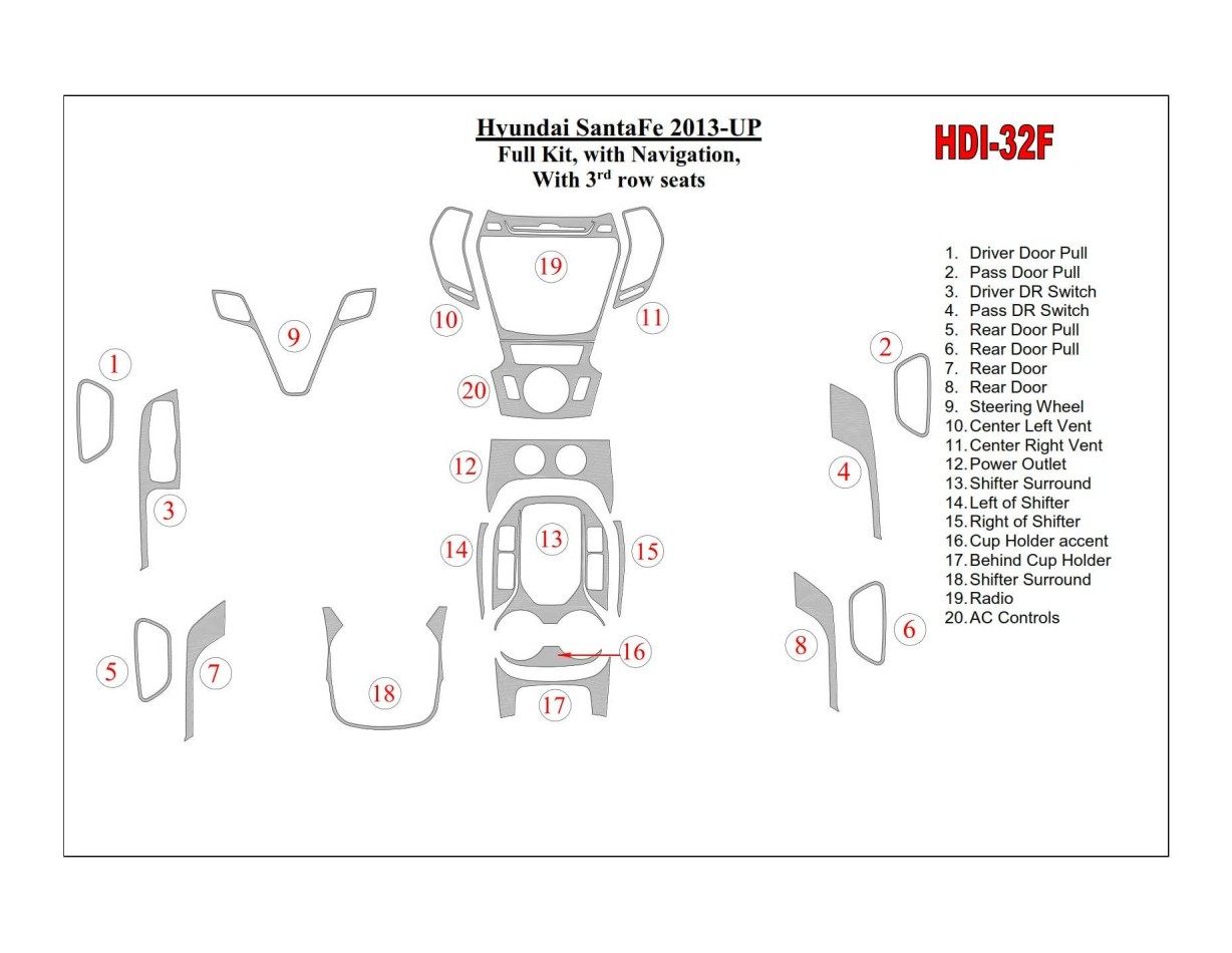 Hyundai Santa Fe 2013-UP Full Set, With NAVI, With 3 row seats BD Interieur Dashboard Bekleding Volhouder