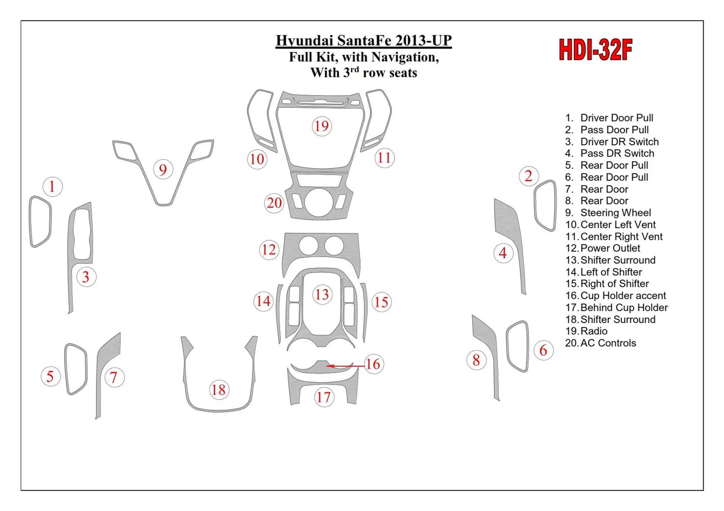 Hyundai Santa Fe 2013-UP Full Set, With NAVI, With 3 row seats Decor de carlinga su interior