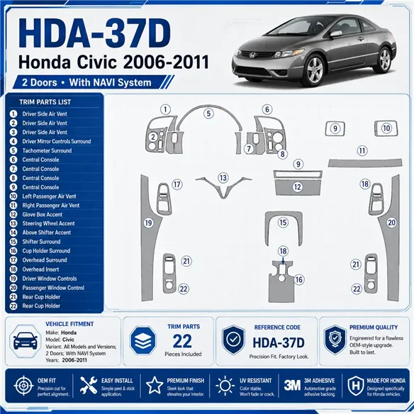 Honda Civic 2006-2011 3D Cockpit Dekor Interieurleisten Set As shown in product diagram-teilig