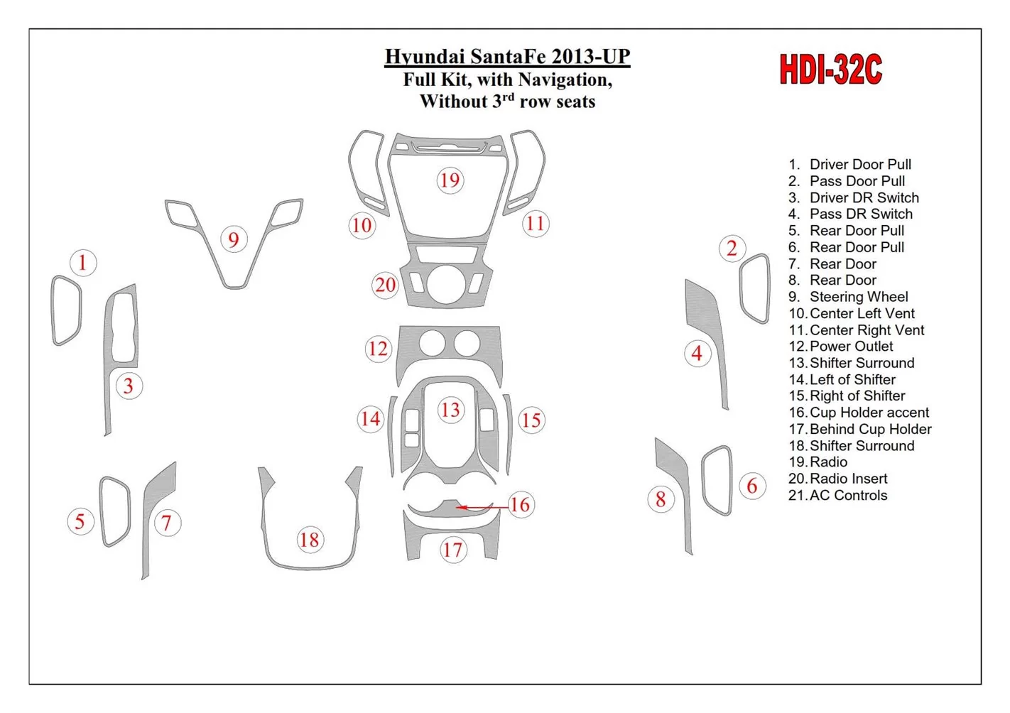 Hyundai Santa Fe 2013-UP Full Set, With NAVI, Without 3 row seats Interior BD Dash Trim Kit