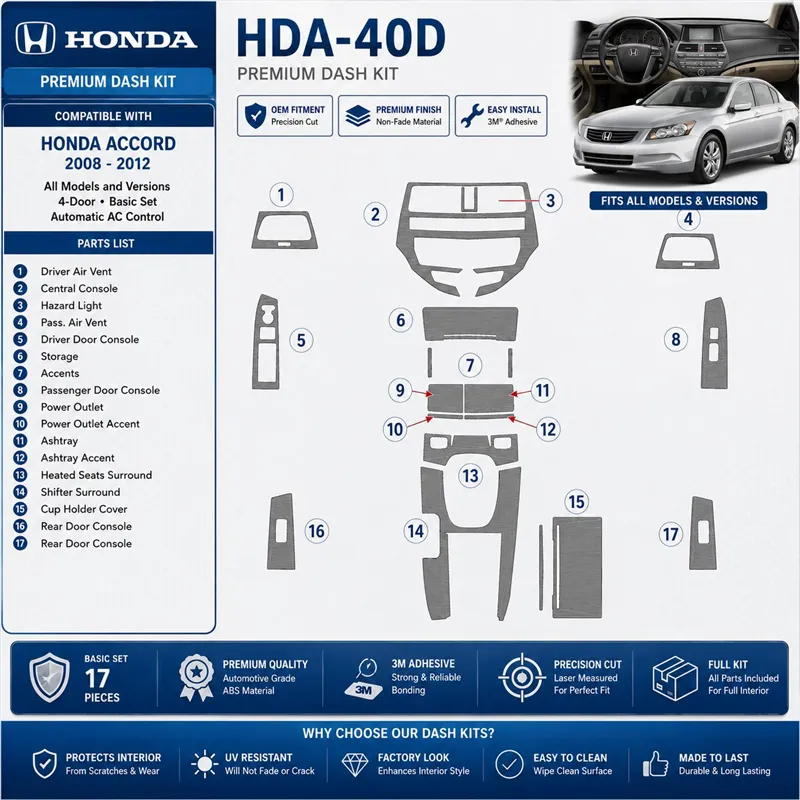 Honda Accord 2008-2012 4 Doors, Basic Set, Automatic AC Control interieur dashboard decoratieset dashboard decor