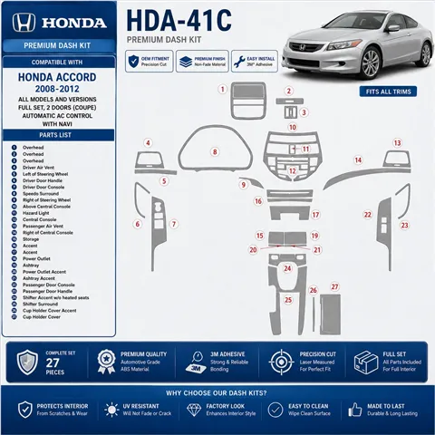 Honda Accord 2008-2012 Full Set, 2 Doors (Coupe), Automatic AC Control, With Navi Interior Dashboard Trim Kit Dash Trim Dekor