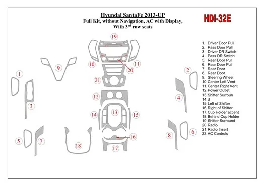 Hyundai Santa Fe 2013-UP Full Set, Without NAVI, Climate-Control With Display, With 3 row seats Cruscotto BD Rivestimenti intern