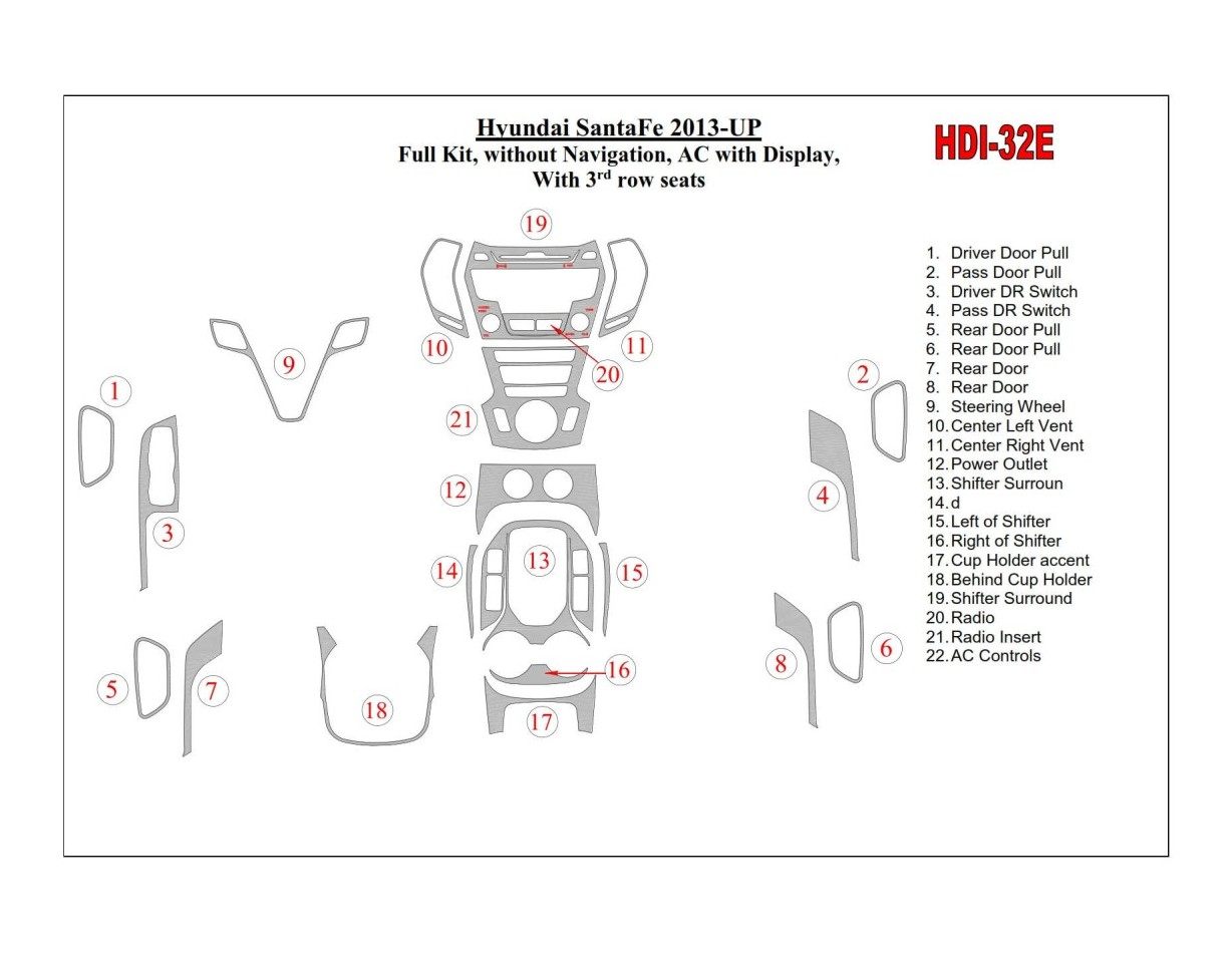 Hyundai Santa Fe 2013-UP Ensemble Complet, Sans NAVI, Climate-Control Avec Display, Avec 3 row seats BD Décoration de tableau - 