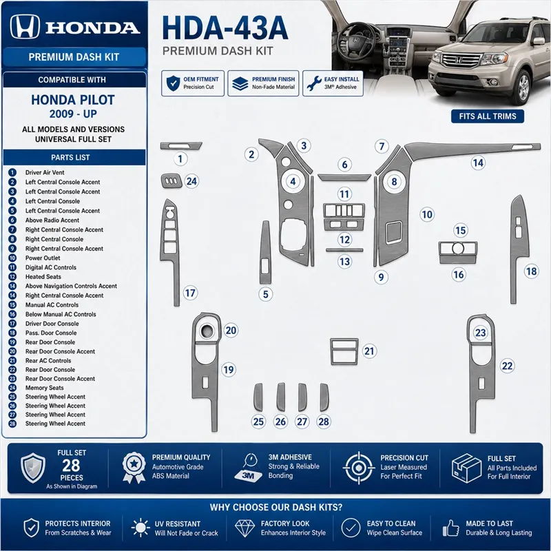 Honda Pilot 2009-UP Universal Full Set Interior Dashboard Trim Kit Dash Trim Dekor