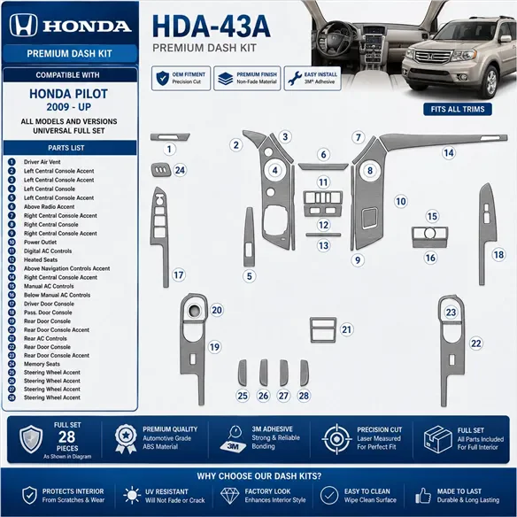 Honda Pilot 2009-heden Universal Full Set interieur dashboard decoratieset dashboard decor