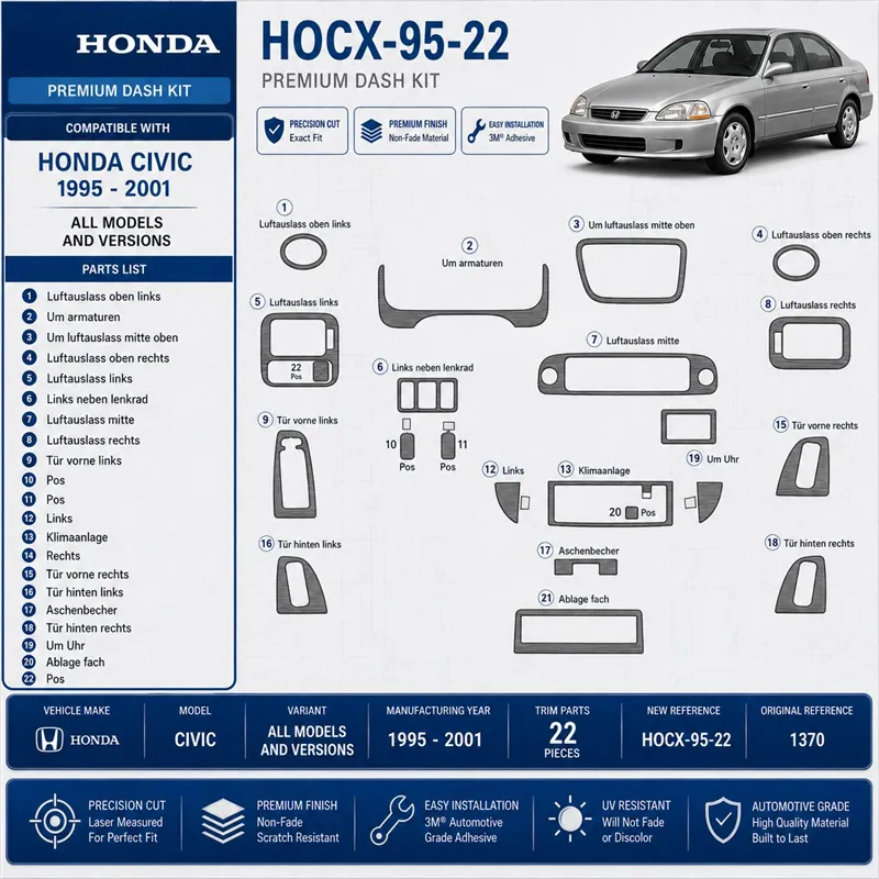 Honda Civic 1995-2001 3D Interior Dashboard Trim Kit Dash Trim Dekor 22-Parts