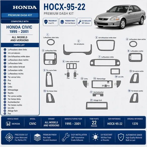 Honda Civic 1995-2001 3D Cockpit Dekor Interieurleisten Set 22-teilig
