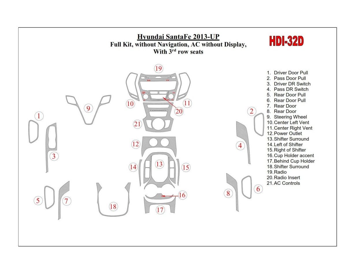 Hyundai Santa Fe 2013-UP Full Set, Without NAVI, Climate-Control Without Display, With 3 row seats BD Interieur Dashboard Bekled