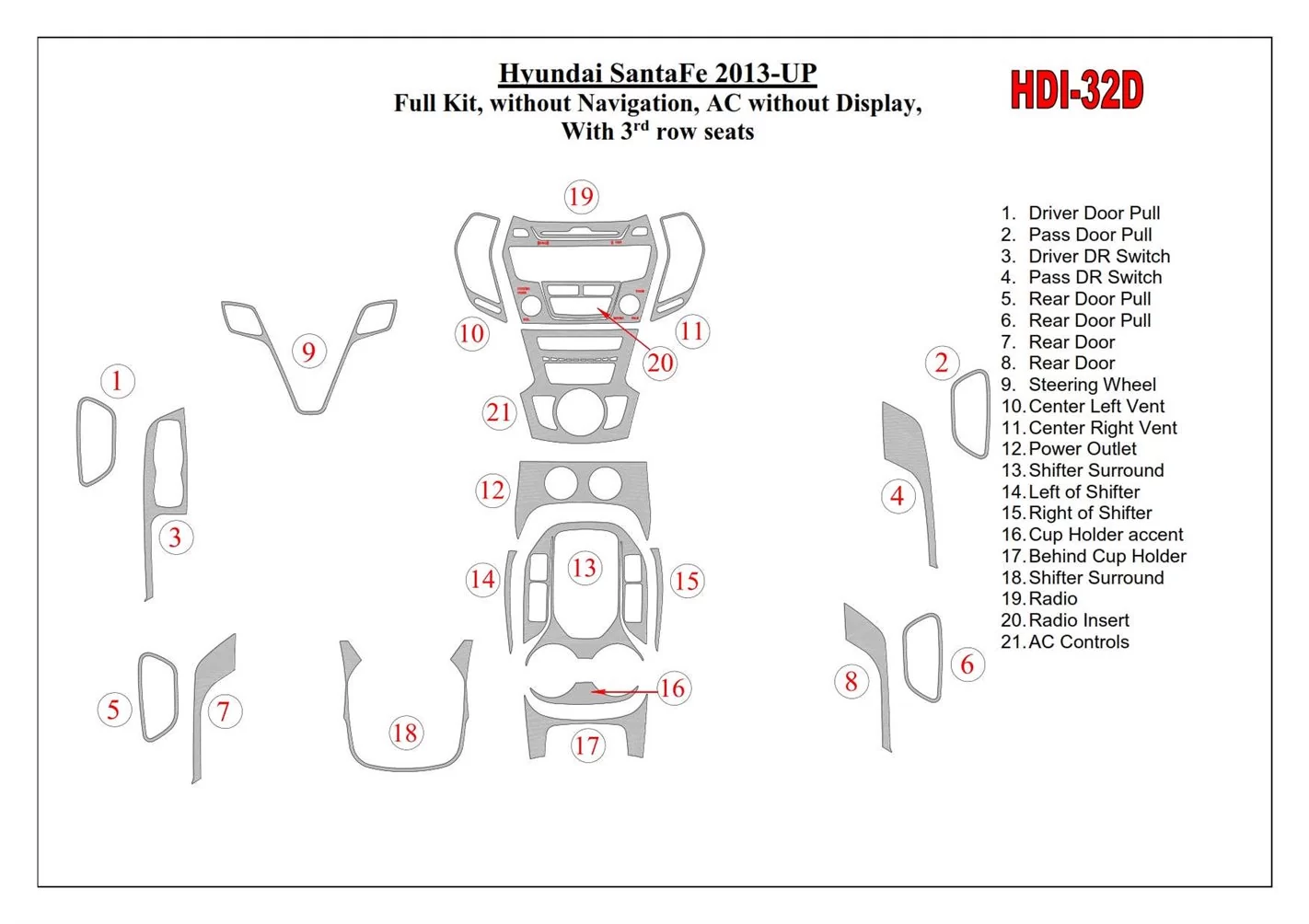 Hyundai Santa Fe 2013-UP Full Set, Without NAVI, Climate-Control Without Display, With 3 row seats Decor de carlinga su interior