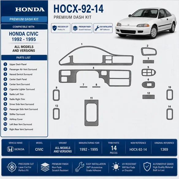 Honda Civic 1992-1995 3D Interior Dashboard Trim Kit Dash Trim Dekor 14-Parts