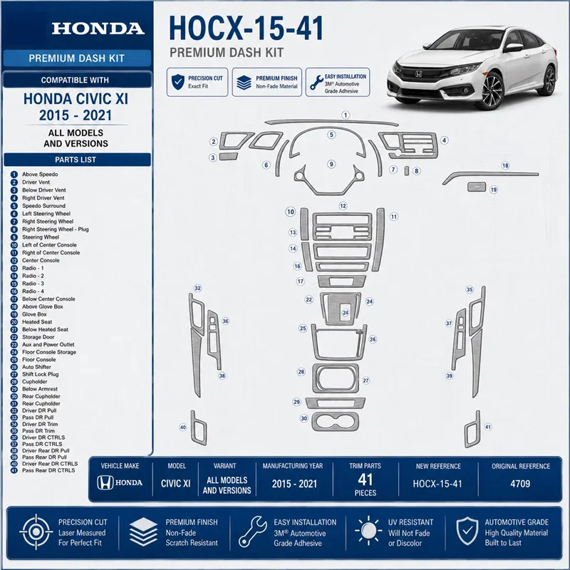 Honda Civic XI 2015-2021 Interior Dashboard Trim Kit Dash Trim Dekor 41 Parts