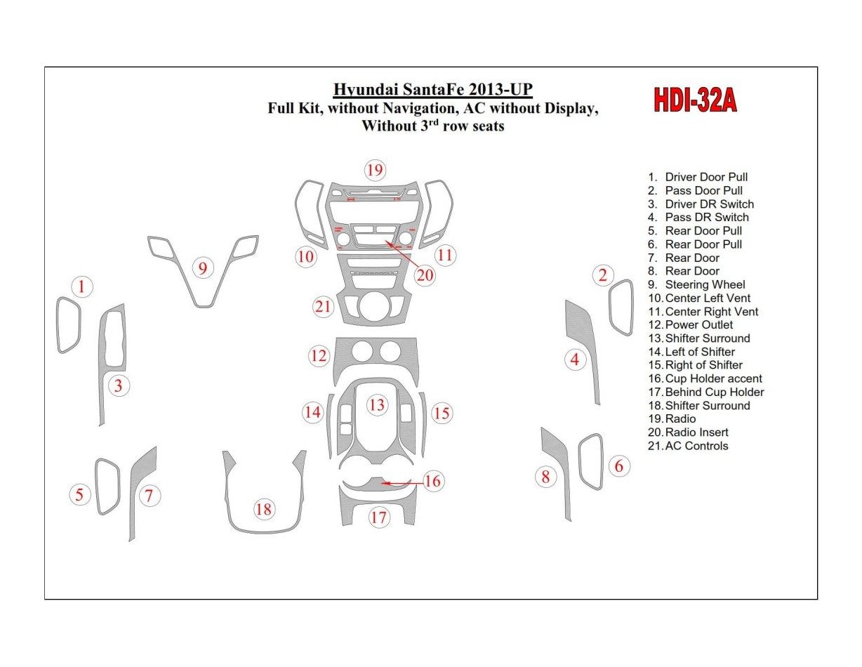 Hyundai Santa Fe 2013-UP Full Set, Without NAVI, Climate-Control Without Display, Without 3 row seats BD Interieur Dashboard Bek