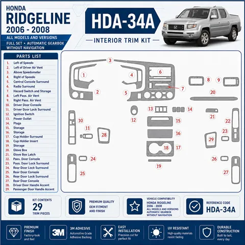 Honda Ridgeline 2006-2008 Full Set, Automatic Gear, Without Navigation Interior Dashboard Trim Kit Dash Trim Dekor