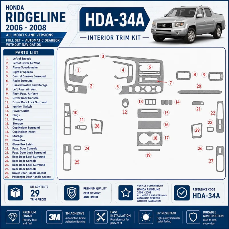 Honda Ridgeline 2006-2008 juego completo, Automatic Gear, Without Navigation kit de molduras interiores para salpicadero