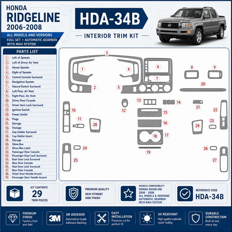 Honda Ridgeline 2006-2008 Full Set, Automatic Gear, With NAVI system interieur dashboard decoratieset dashboard decor