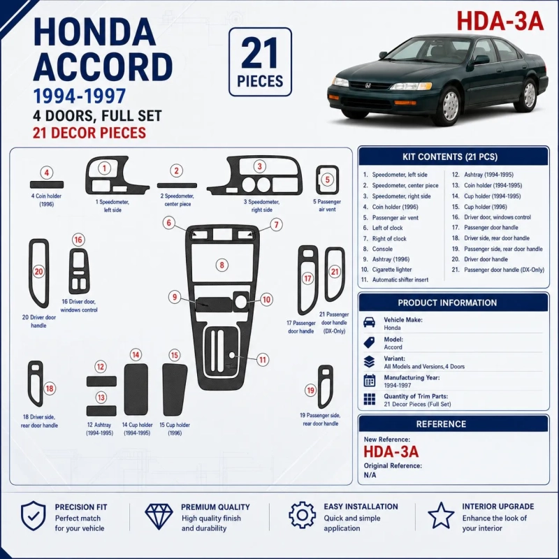 Honda Accord 1994-1997 4 Doors, Full Set, 21 Parts set Interior Dashboard Trim Kit Dash Trim Dekor