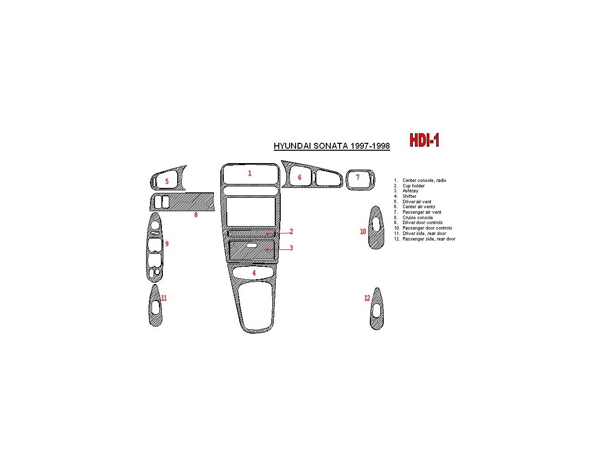 Hyundai Sonata 1997-1998 Full Set, 12 Parts set BD Interieur Dashboard Bekleding Volhouder