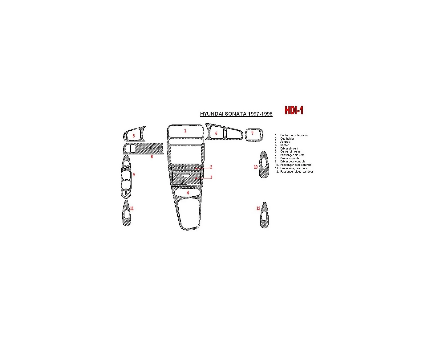 Hyundai Sonata 1997-1998 Full Set, 12 Parts set Interior BD Dash Trim Kit