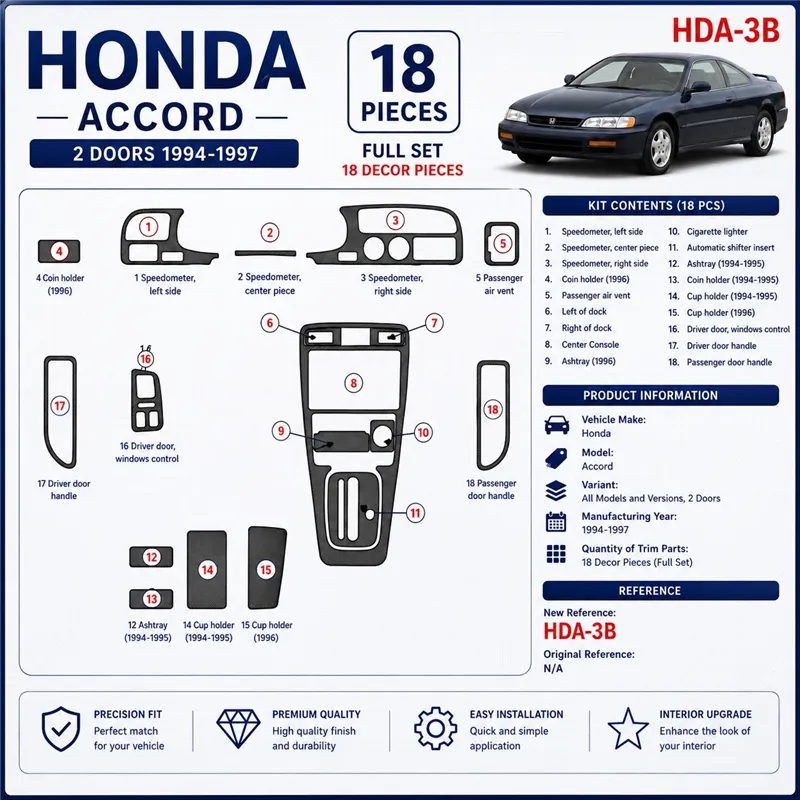 Honda Accord 1994-1997 2 portes, kit complet, 18 pièces kit décoration intérieure tableau de bord