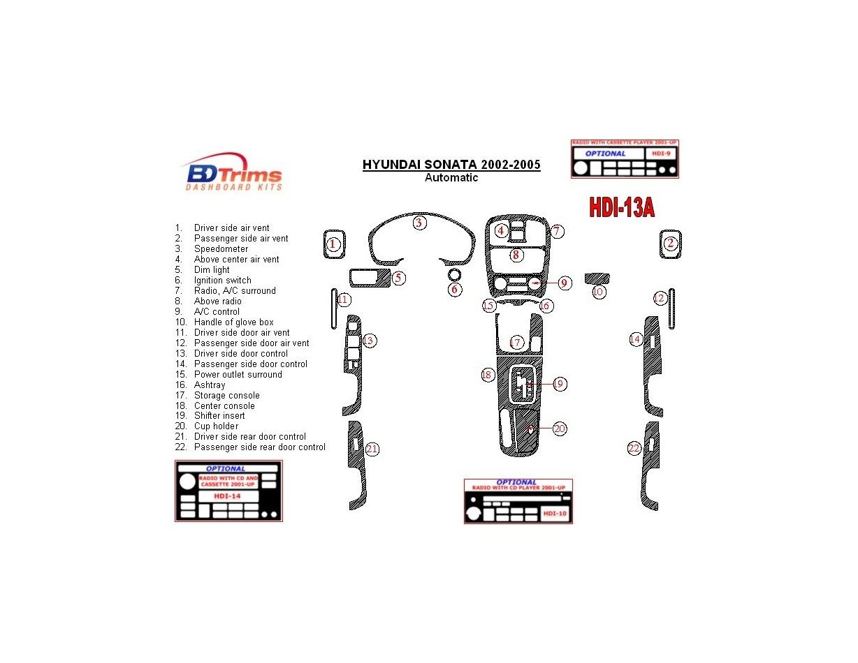 Hyundai Sonata 2002-2005 For Automatic Gear Interior BD Dash Trim Kit