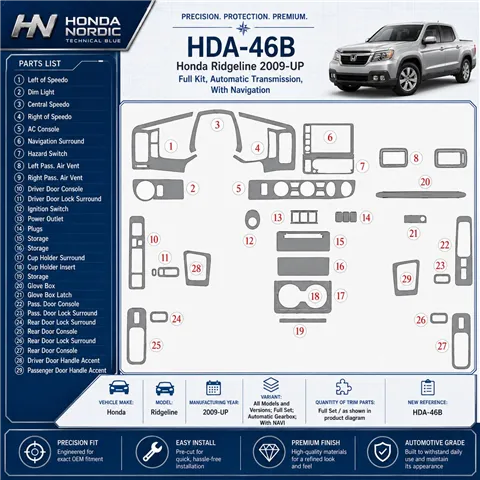 Honda Ridgeline 2009-UP Full Set, Automatic Gear, With NAVI Interior Dashboard Trim Kit Dash Trim Dekor