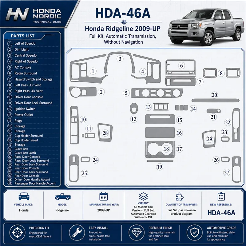 Honda Ridgeline 2009-UP Full Set, Automatic Gear, Without NAVI Interior Dashboard Trim Kit Dash Trim Dekor