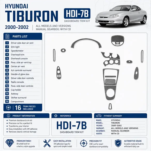 Hyundai Tiburon 2000-2002 Manual Gearbox, With CD, 16 Parts set Interior Dashboard Trim Kit Dash Trim Dekor